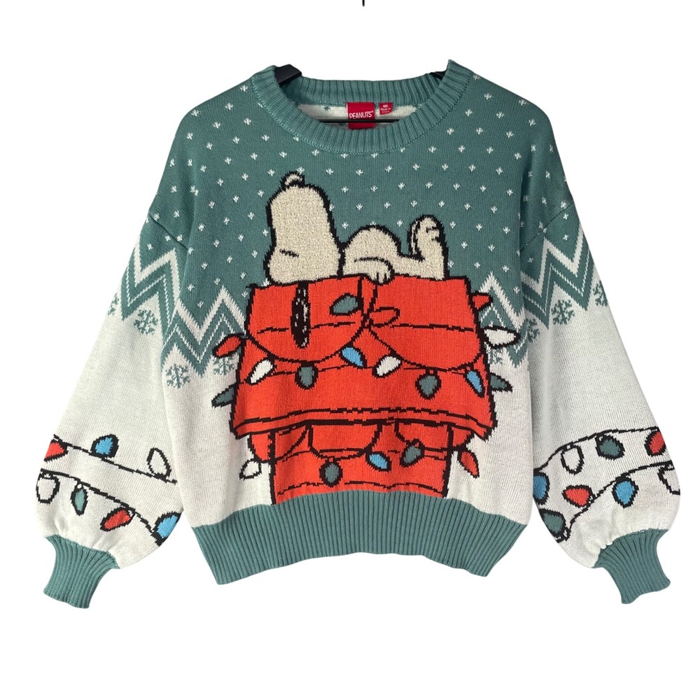 Peanuts Snoopy Christmas Sweater Adult M Green Doghouse Lights Ugly Knit
